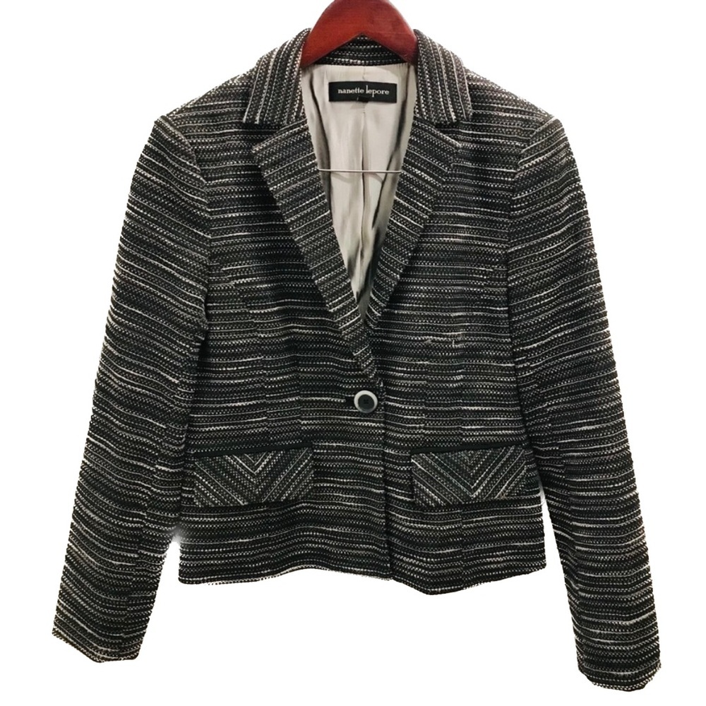 Nanette Lepore Tweed Blazer 10 black gray stripe